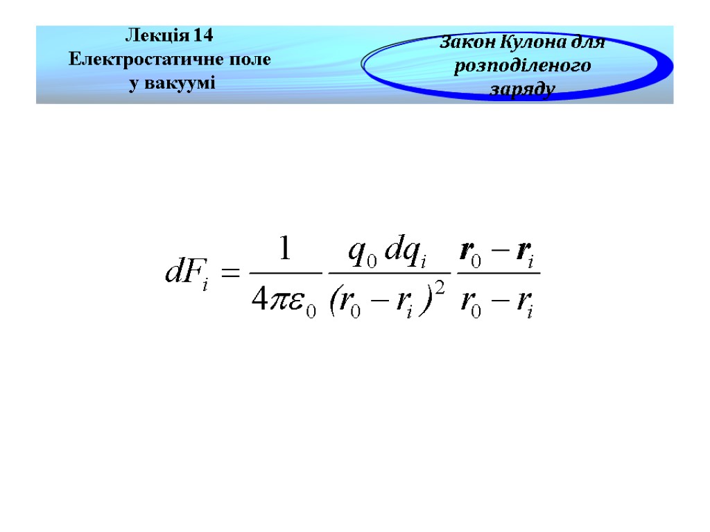 Лекція 14 Електростатичне поле у вакуумі Закон Кулона для розподіленого заряду